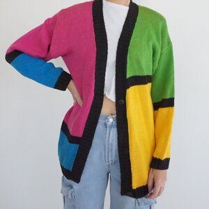 Vintage Reference Point Colorblock Pink Green Yellow Blue Black Knit Cardigan S